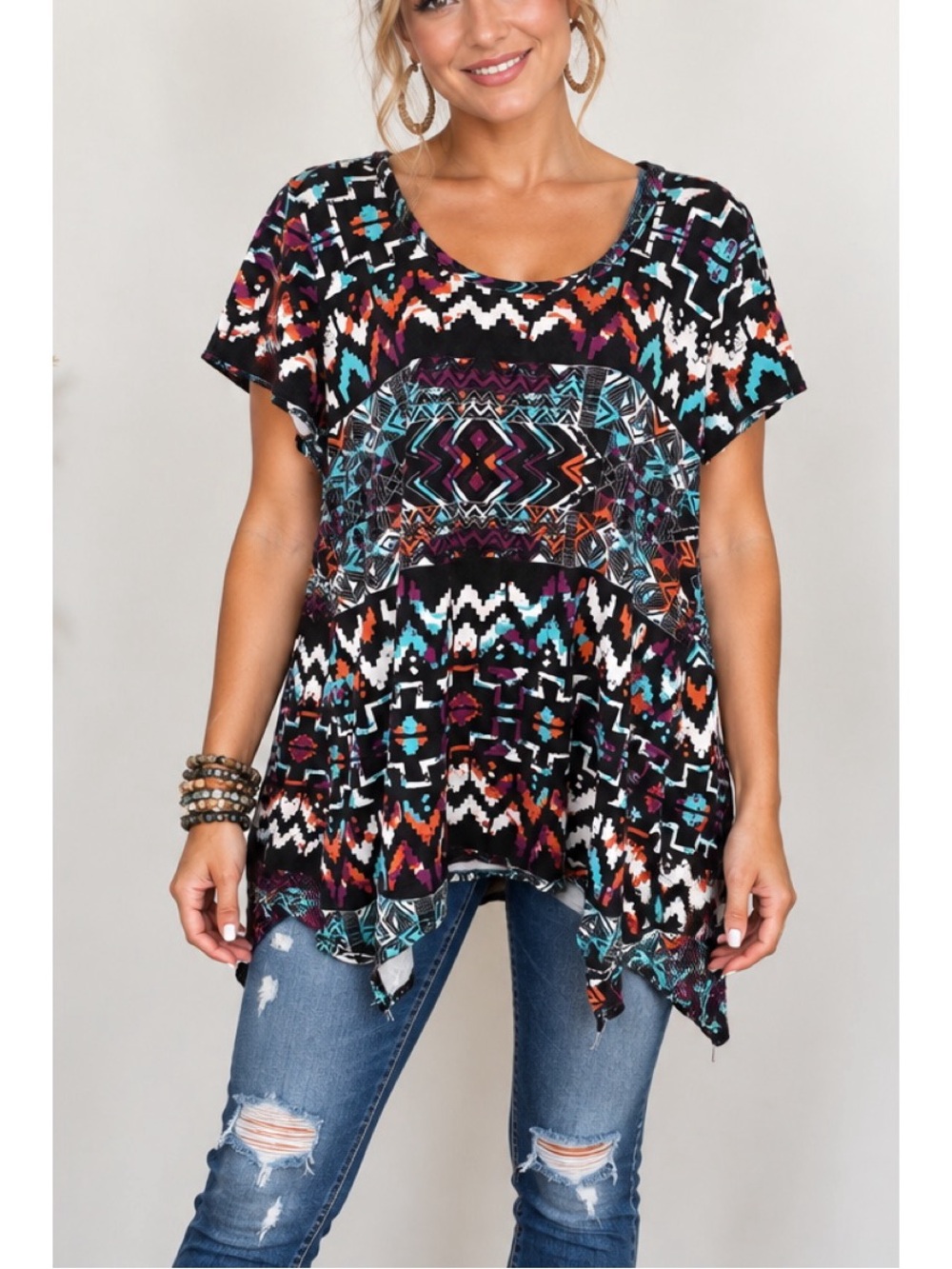 Premise Tunic Top with Shark Bite Hem Shirt Black & Multi